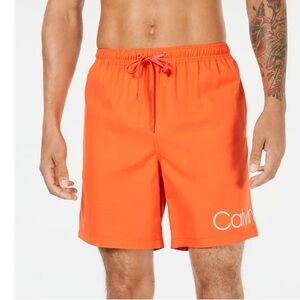 CALVIN KLEIN Mens Orange Lined Logo Graphic Classic Fit Mesh Swim Trunks